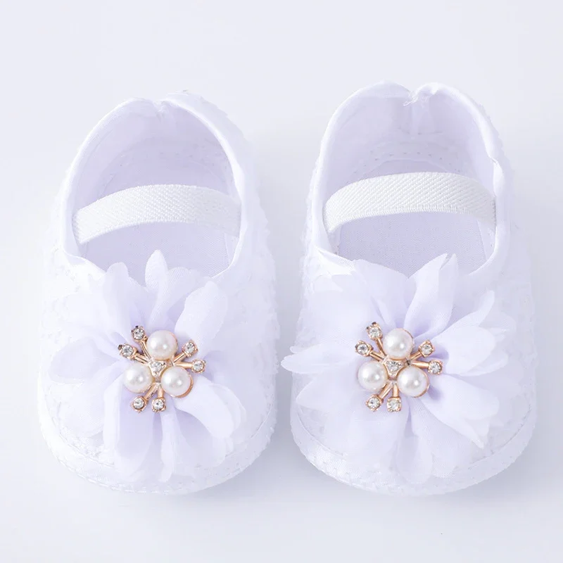 Baby Girl Shoes 0-18months Baby Girls Shoes And Headband Soft Sole Non-Slip Pearl Flower Princess Wedding Dress Crib Shoes Newborn Girls