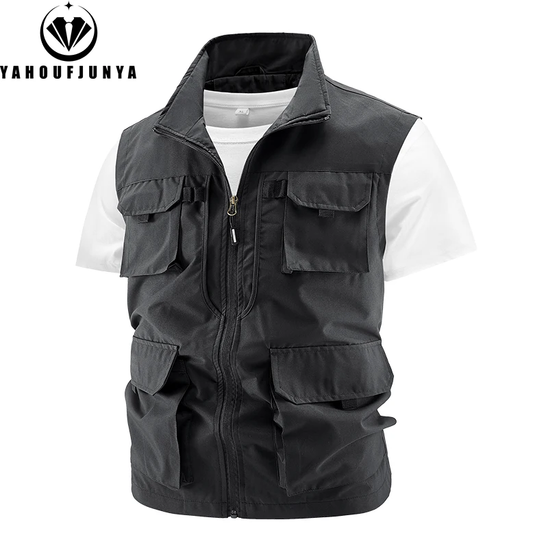 Men's Sleeveless Outdoor Casual Vest Summer Fishing Multiple Pockets Solid Stand Collar Zipper sleeveless vest sleeveless vests fashionable vests