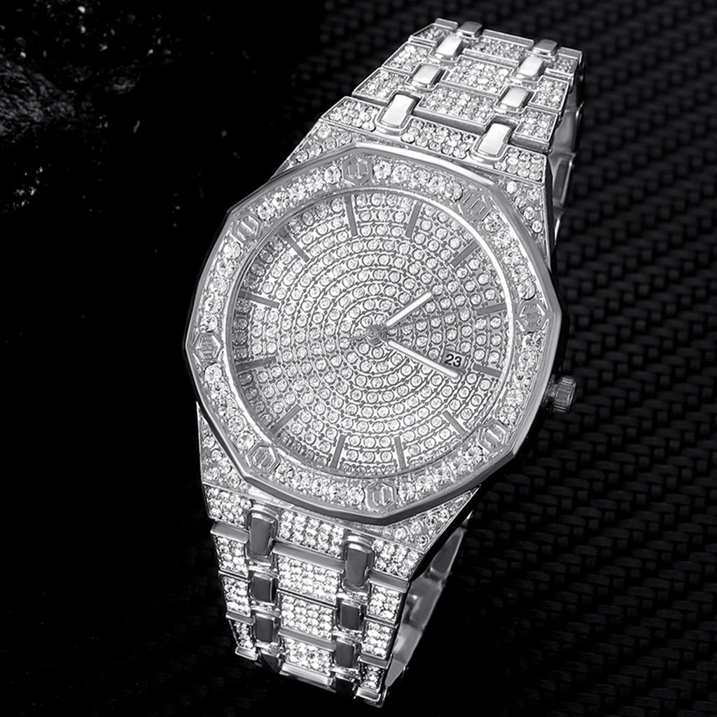 

HipHop Iced Out Men Women Watch Luxury Date Quartz Bling Full Rhinestones Watches Cuban Hand Chain Fashion Jewelry 2022