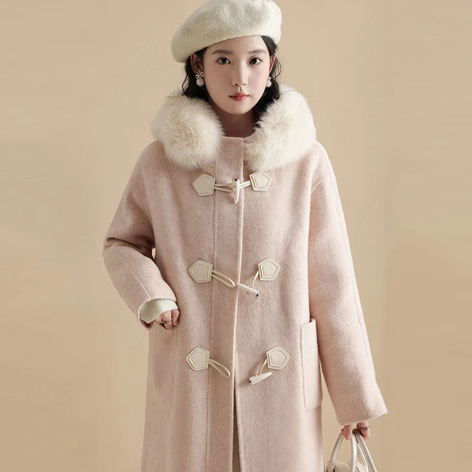 

Женское пальто с капюшоном, розовое утепленное пальто с карманами и пуговицами-рогами, Осень-зима 2023