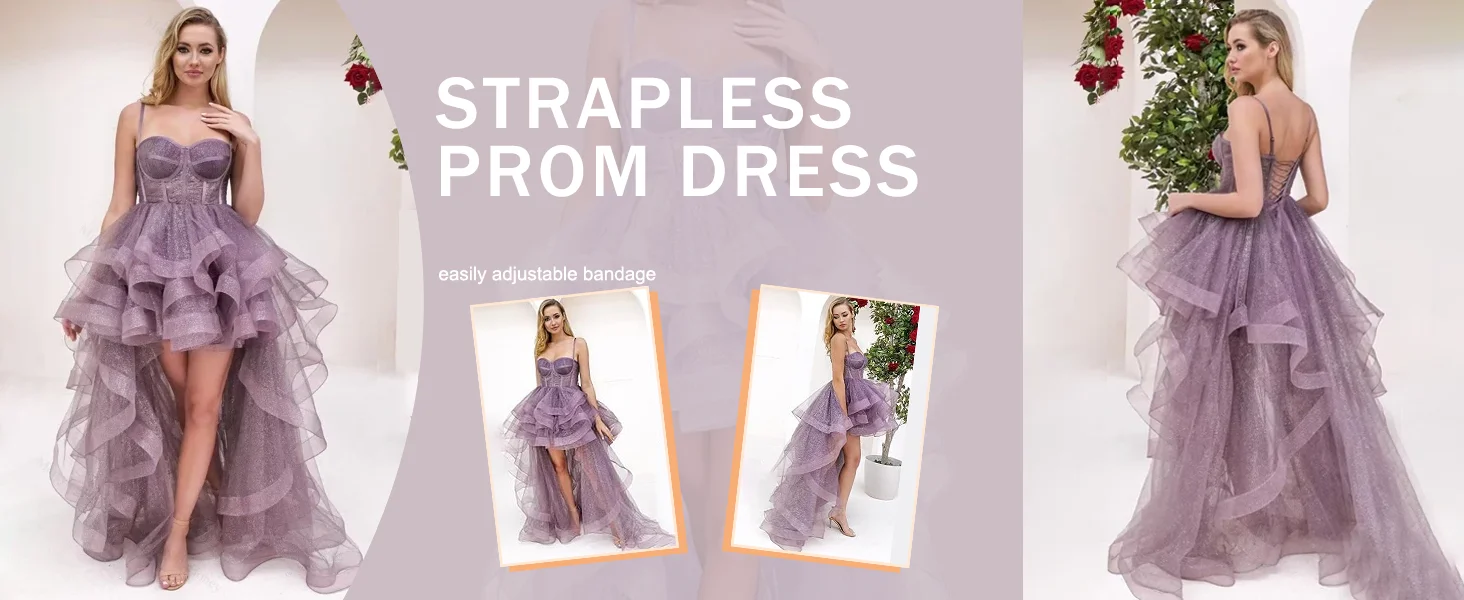 Vestido de fiesta sin tirantes con volantes y abertura