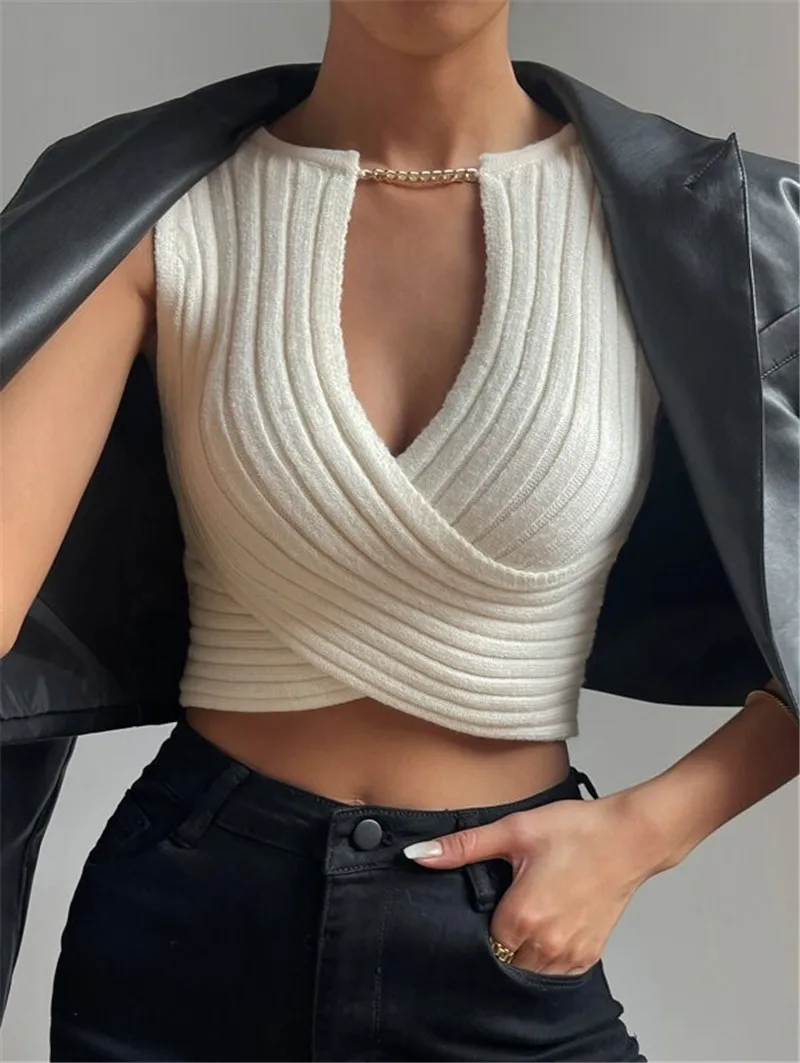 Autumn and Winter Slim Fit Versatile Chain Decoration Design Sense Cross Knitted Sweater Bottom