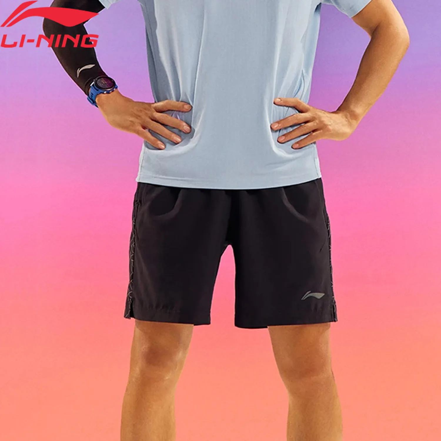 Li-Ning Men Running Shorts AT DRY 88%Polyester 12%Spandex Regular Fit Reflective LiNing Adjustable Waist Sports Bottoms AKSU047