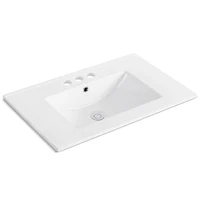1pc 30inch Porcelain Ceramic Vanity Sink Top, Surface Bathroom Vessel Sink Basin with Three Faucet Holes, Rectangular, Glossy W 1