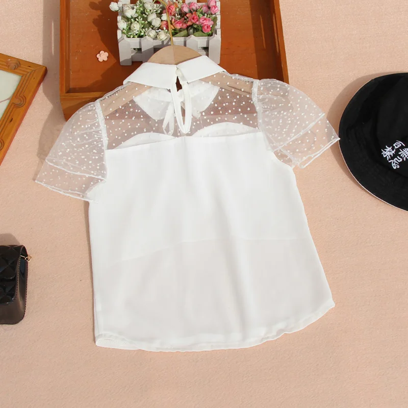 Chiffon Blouse for Kids Girls Summer Children White Short Sleeve Shirts Teenage Turn-down Collar Lace Basic Tshirts kids shirts
