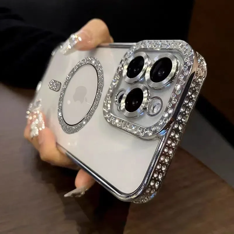 iPhone Case Magnetic Diamond Glitter Rhinestone Electroplated Jewelled Transparent For iPhone 16 15 14 13 12 11 Pro Max Plus