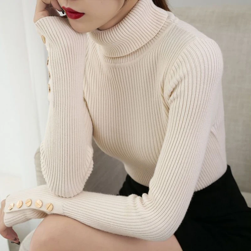 2025 Knitted Turtleneck Women Sweater Button Long Sleeve
