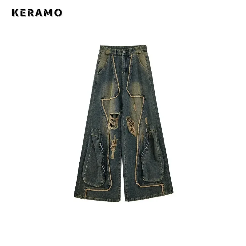 Women's Casual Ripped Harajuku Jeans Y2K Wide Leg Punk Baggy Denim Trouser Autumn Vintage Zipper Emo Loose Washed Pants