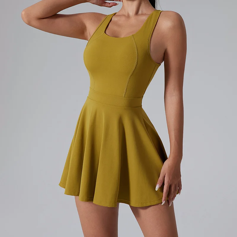 New Sports Tennis Dress Yoga Fitness Beautiful Back Sexy Training Sports Short Skirt Dress with Shorts and Pocket