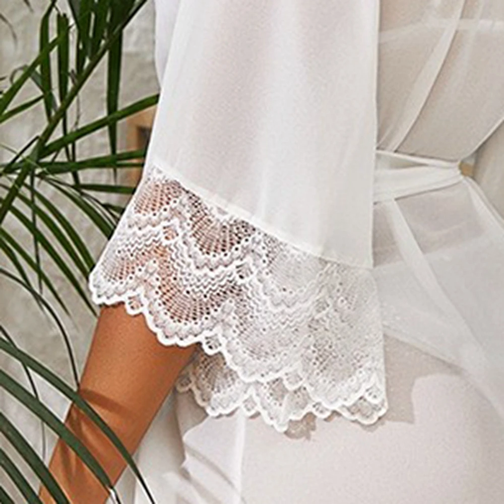 White Bride Wedding Morning Gown Lace Bathrobe Kimono Lady Elegant Sleepwear V-Neck Nightwear Satin Intimate Lingerie