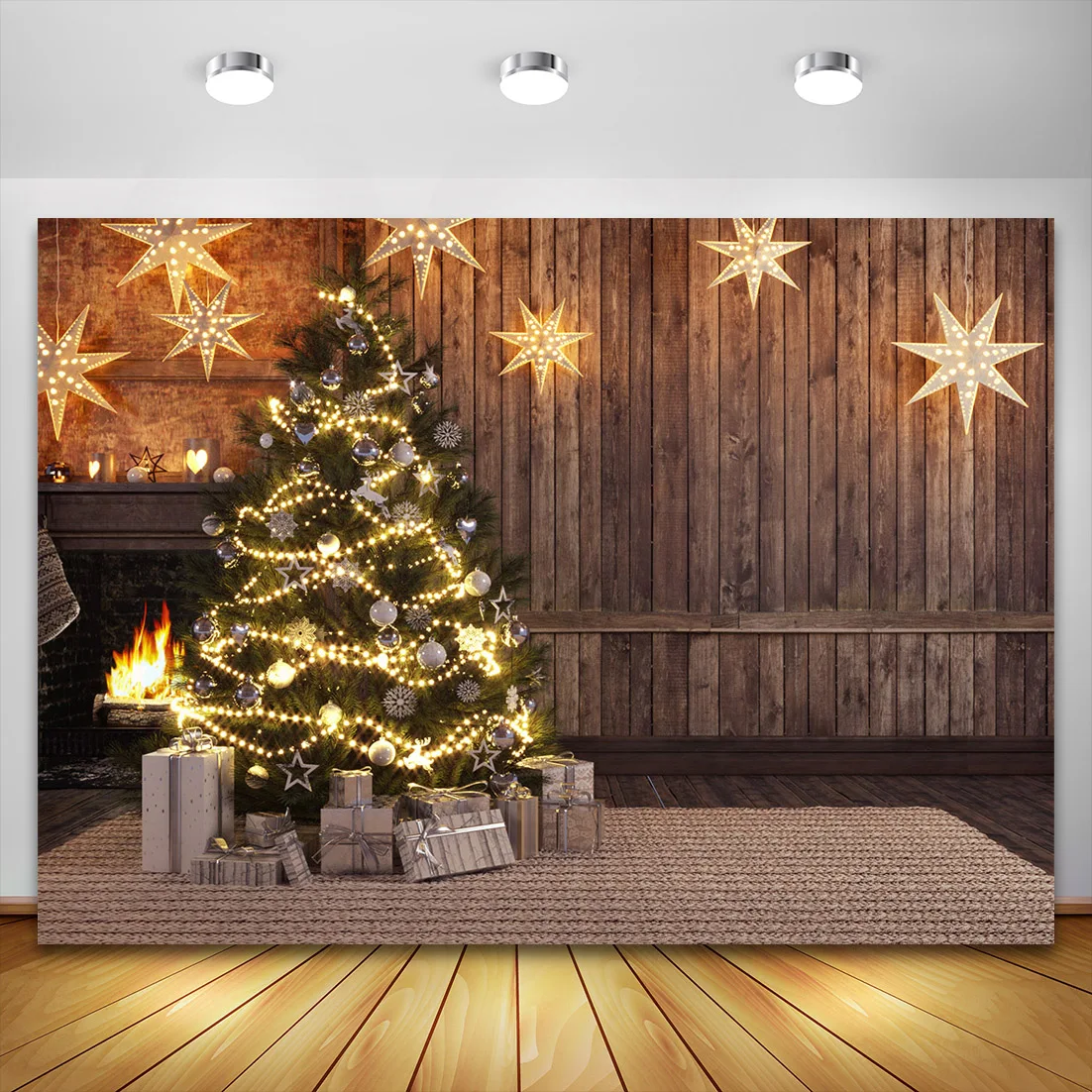 

Фон для фотосъемки с изображением рождественской елки деревянной камина