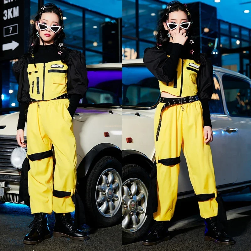 

Girls Jazz Dance Costume Yellow Top Cargo Pants Children Rave Outfit Stage Performance Wear Kids Cool Hip Hop Clothing