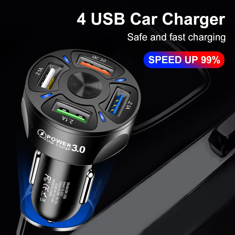 

4 Ports QC3.0 USB Car Charge 48W Quick 7A Mini Fast Charging for IPhone 11 Xiaomi Huawei Mobile Phone Charger Adapter In Car