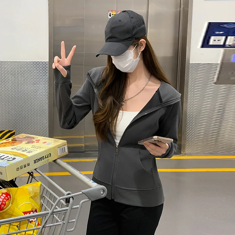 Women Solid Color Slim Fit Zip Up Sweatshirts Spring Autumn Fitness Joggers Sports Jacket Korean Fashion Tight Hooded Woman Coat