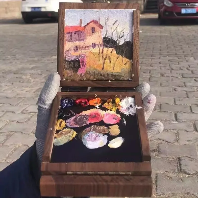 소형 사각 미니 이중 프레임 수제 유화 상자 미술 용품 야외 스케치 페인팅 창작 수채화 팔레트 상자