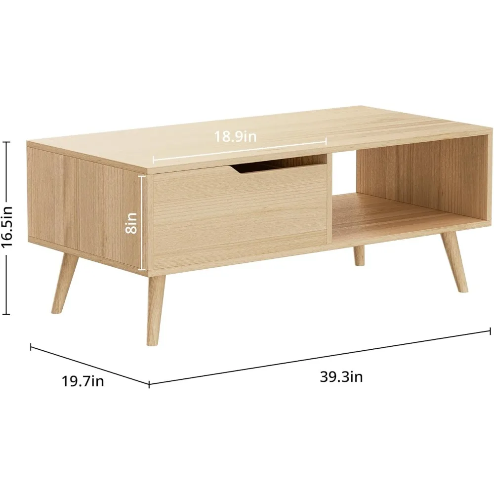 Oak Coffee Table, Mid Century Modern Coffee Table with Drawer & Shelf, 39'' Wooden Simple Console Table for Living Room 2