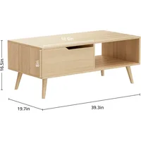 Oak Coffee Table, Mid Century Modern Coffee Table with Drawer & Shelf, 39'' Wooden Simple Console Table for Living Room 2