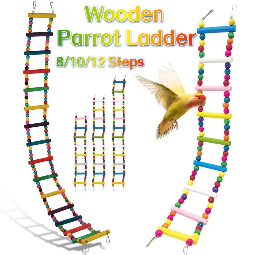 Colorful Wooden Parrot Ladder 8/10/12 Step Ladders Sturdy Pet Bird Steps Interactive Grinding Claws Bird Climbing