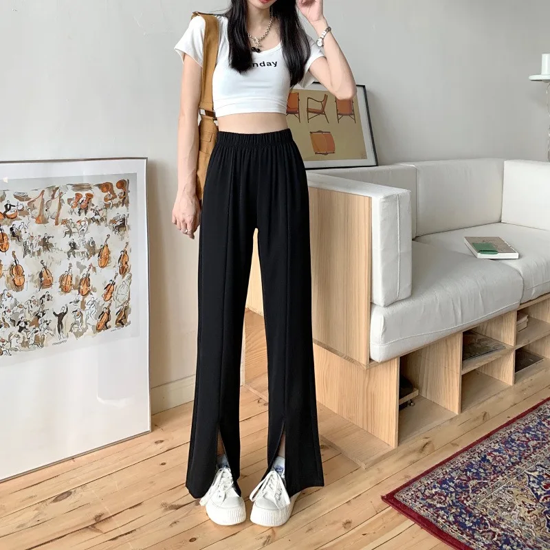 Slit Wide-leg Pants for Women in Summer Thin High-waisted Loose Drape Suit Straight Trousers Floor-length Casual Pants