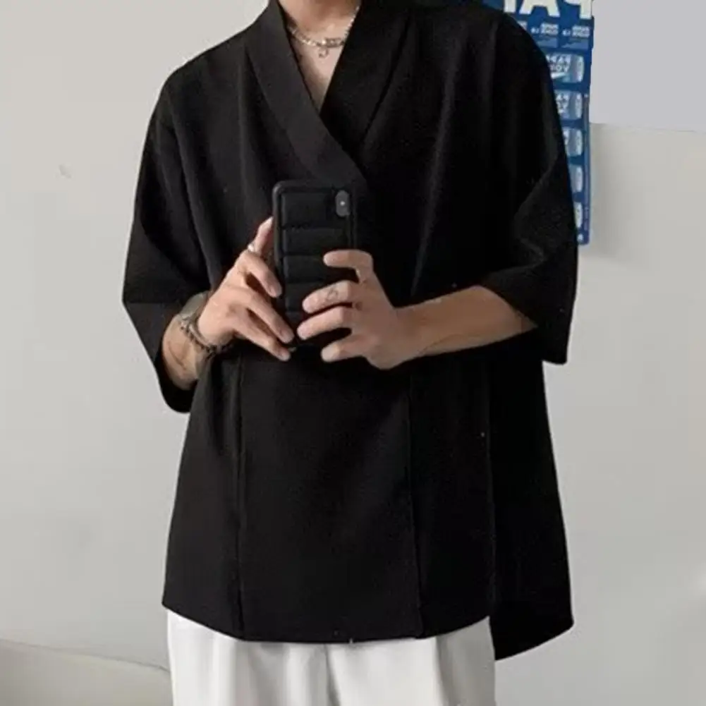 

Повседневная рубашка с рукавом до локтя, стильная свободная мешковатая Мужская рубашка с V-образным вырезом, летняя однотонная Мягкая дышащая рубашка в стиле хип-хоп для волос