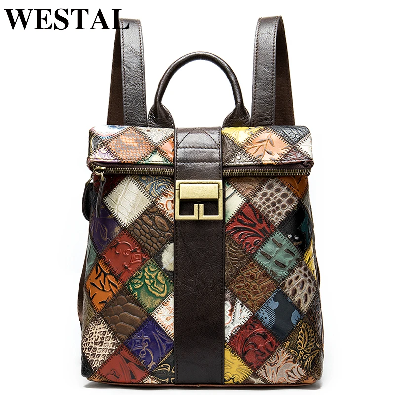 WESTAL Women's Backpack Genuine Leather Mini Backpacks Female Schoolbag Girl Bagpacks Back to School Floral Travel Backpack 098