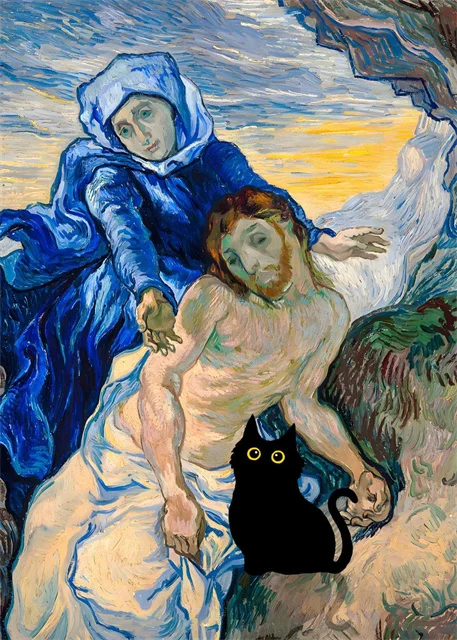 Van Gogh & Monet Inspired Cat Canvas: Starry Night and Sunflowers Wall Art