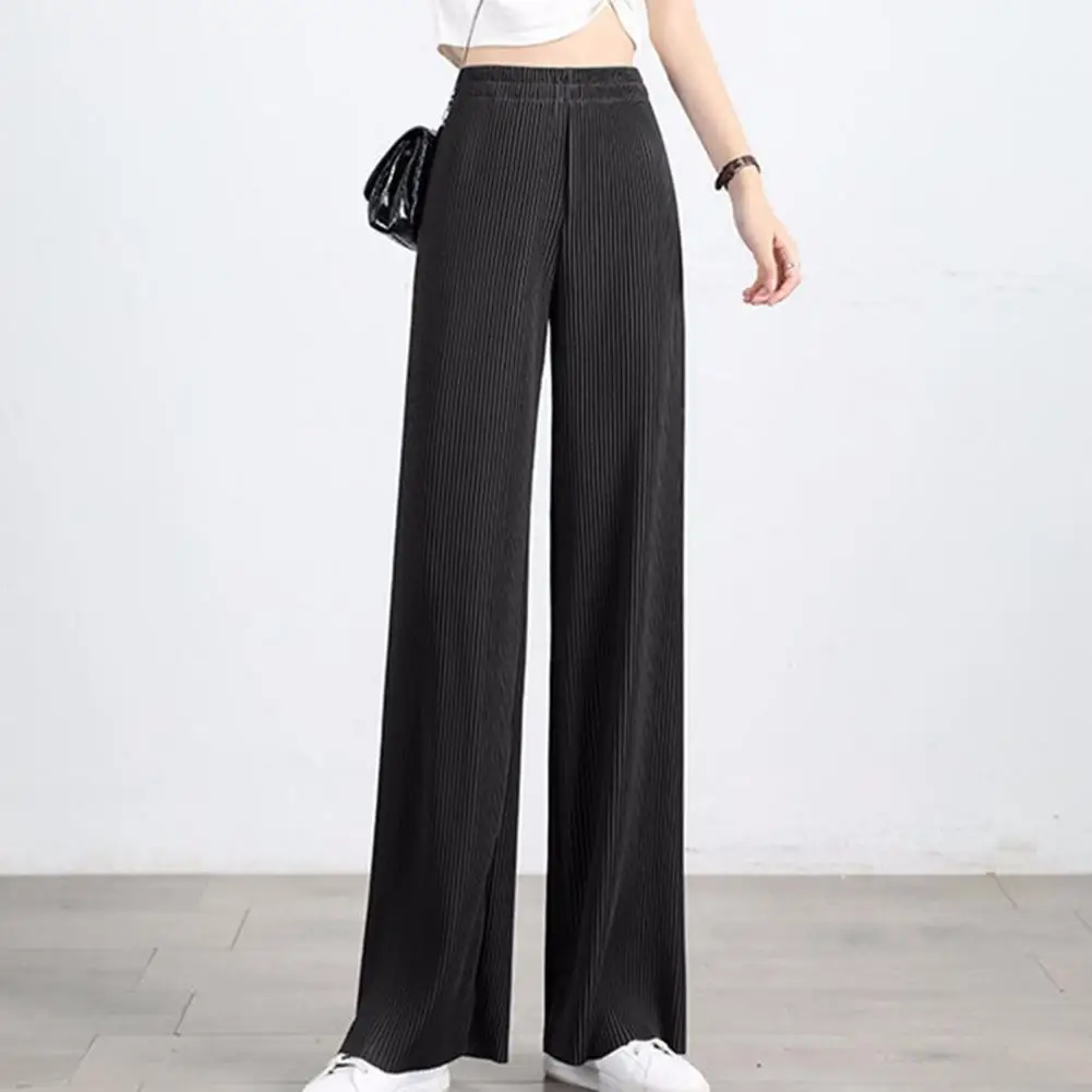 Summer Women Ribbed Casual Pants Ice Silk Sweatpants Harajuku High-Waist Elastic Waistband Straight Basic Baggy Wide Trousers