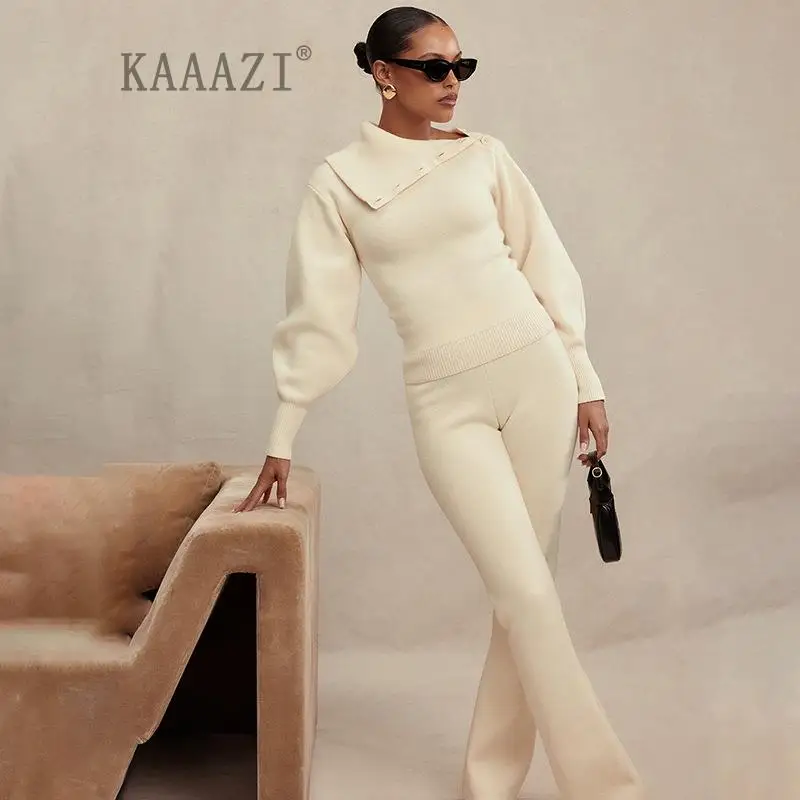 

Женский облегающий костюм KAAAZI, Модный пуловер с длинным рукавом, Зимние новые длинные брюки, уличная одежда, комплект из двух предметов, шикарный