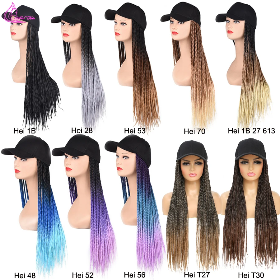 Synthetic Hair Wigs Hat Wig Baseball Cap with Synthetic Braiding Hair 24inch Long Braided Wig For Women Girls Daily Wear Ombre Blue Grey Brown Blond