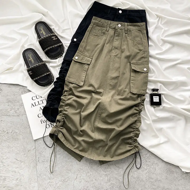 

Summer Long Cargo Skirt Women Y2k Streetwear Vintage Pocket Split High Waist Drawstring Casual Straight Midi Skirt Korean
