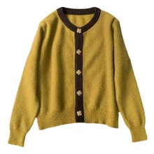 

Mustard Yellow Knitted Cardigan Women's Sweater Winter Coat Jacket Round Neck Knits Bottoned Loose Cashmere Sweater