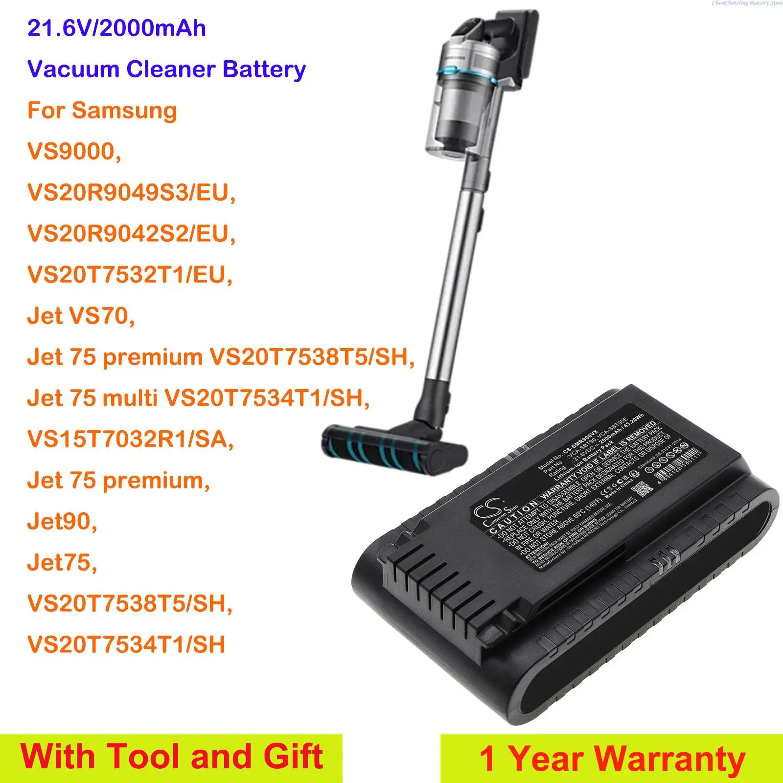 

OrangeYu 2000mAh Vacuum Cleaner Battery VCA-SBT90, VCA-SBT90E,DJ96-00221A for Samsung VS9000, Jet VS70, Jet90, Jet75, Jet 75