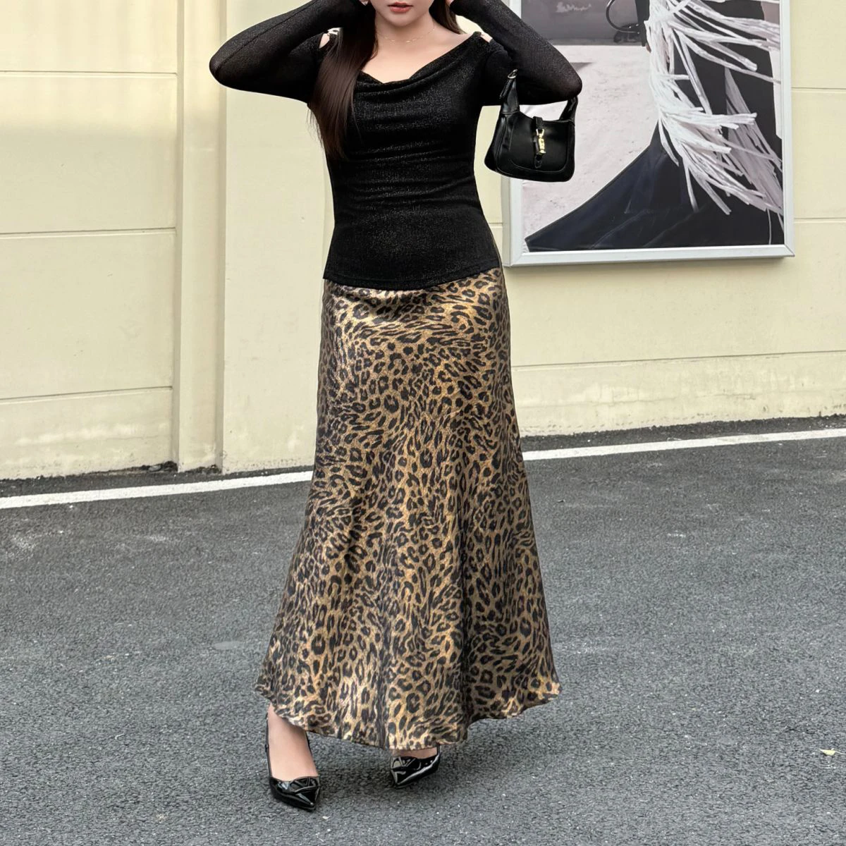 Fashion Plus Size Women's Mermaid Skrts Premium Lustrous Leopard Print Vitage Diagonal Cut Long Fishtail Skirt 9308