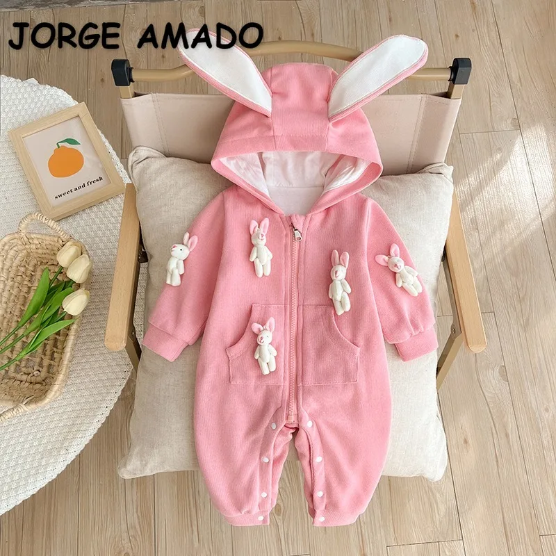 

New Spring Autumn Baby Girl Rompers Pink White Cartoon Rabbit Zipper Hooded Jumpsuit Newborn Cute Hundred Days Clothes E2307