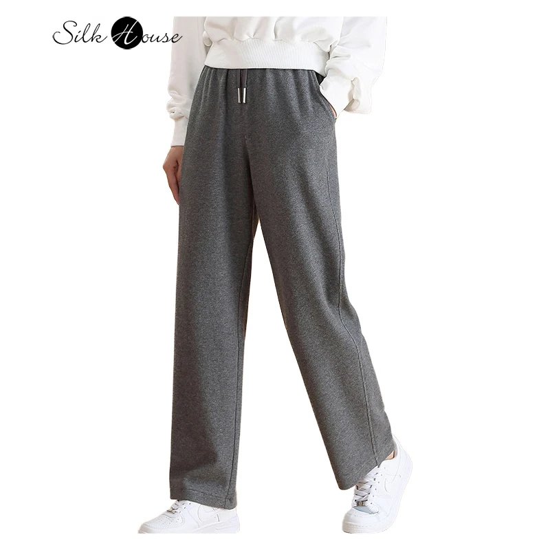 Autumn/Winter Women's Mulberry Silk Thickened Velvet Casual Straight Leg Pants Sports Pants with Real Silk Pocket Guard Pants