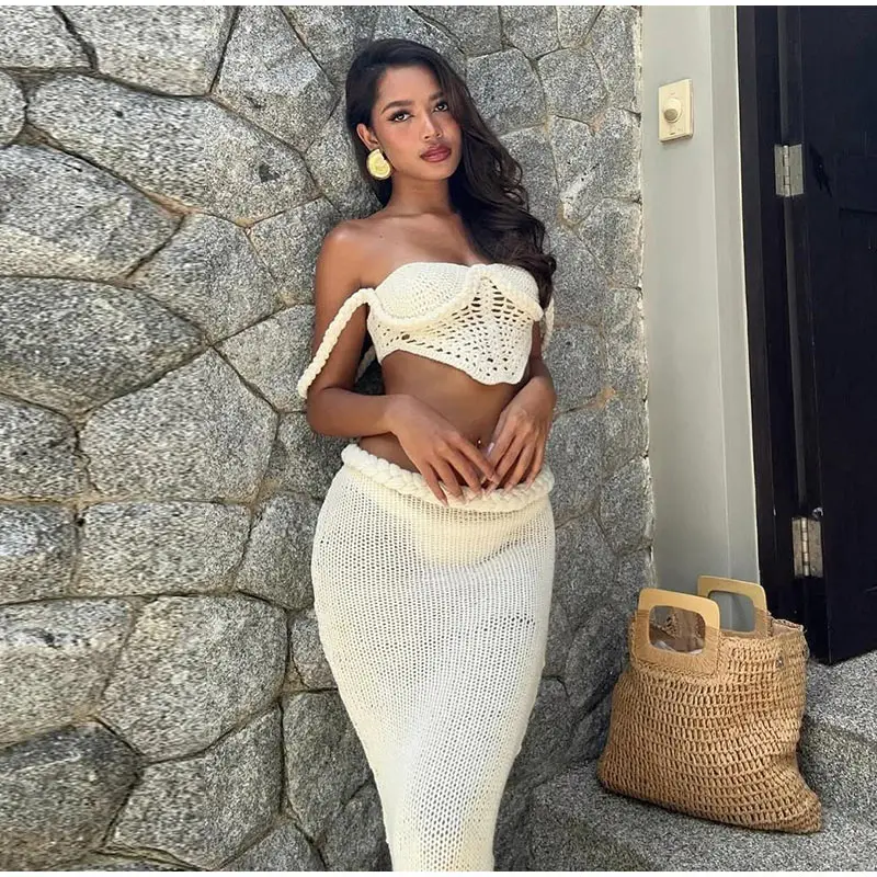 Sexy Bikini Long Skirt Set Women Sleeveless Backless Sling Vest Low Waist Hip Package Skirt 2025 Lady Holiday Beachwear Cover Up