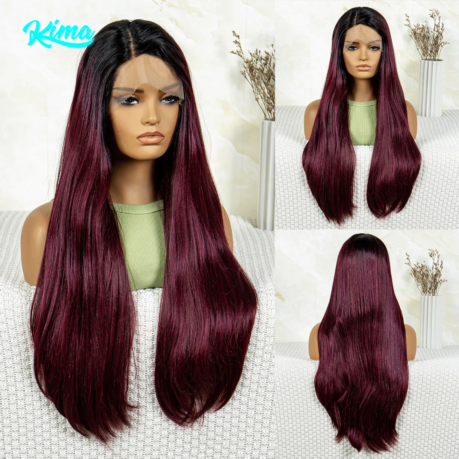

Side Part Synthetic Gradient Burgundy Wig Lace Front Gradient Straight Wig