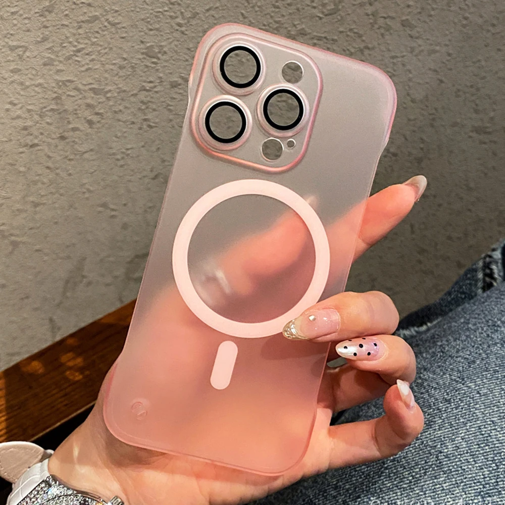 Ultra Thin Magnetic Matte Frameless Phone Case with Lens Protector and Translucent Frosted Back Cover