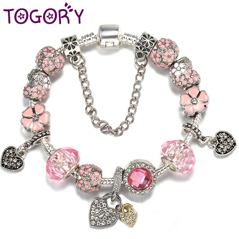 

TOGORY Hot Sale Pink Crystal Heart Beads Charm Bracelets DIY Fine Bracelets For Women Men Girl Bijoux Pulseras Jewelry Gift