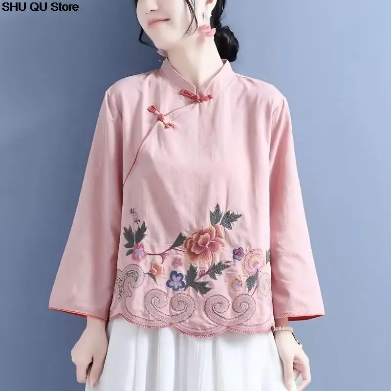 Chinese Style Embroidered Cotton Linen Shirts Spring Summer Retro Buttoned Long-sleeved Stand-up Collar Clothes Loose Tops