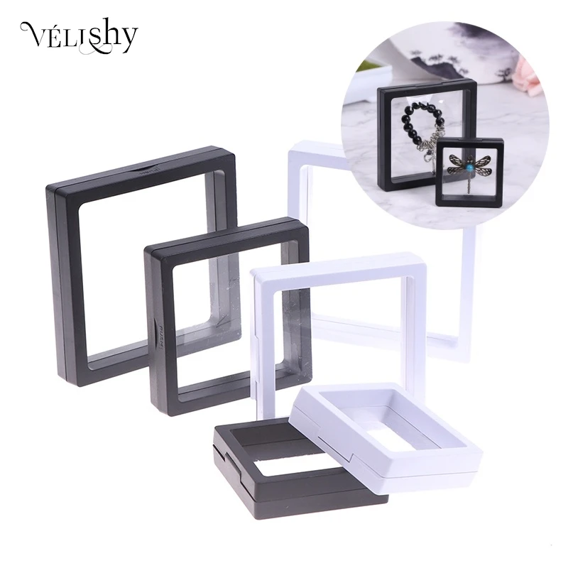 

PE Film Jewelry Storage Box 3D Packaging Case Gemstone Free Stand Floating Frame Membrane Ring Earrings Necklace Display Holder