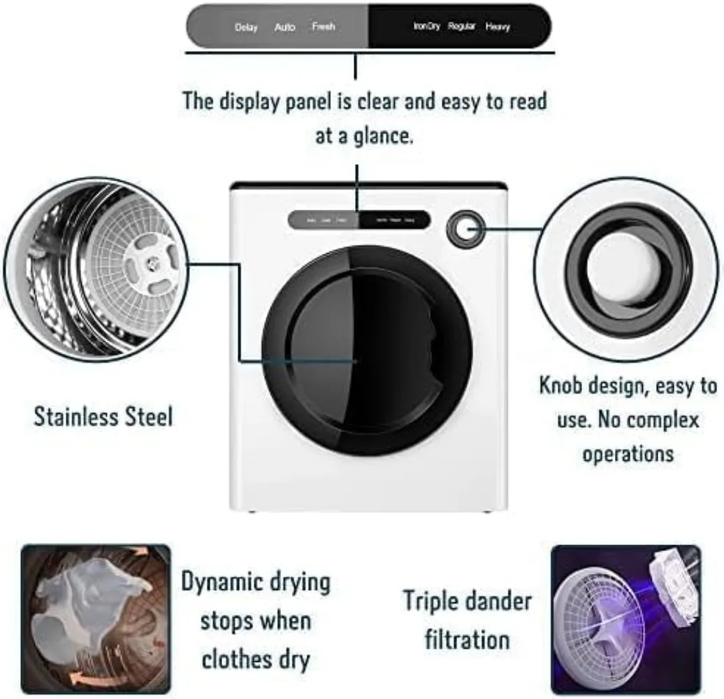 Portable Clothes Dryer, Front Load Compact Laundry Dryers with Exhaust Pipe, 850W, ABS Control Panel, 9lbs Compact Dryer 5