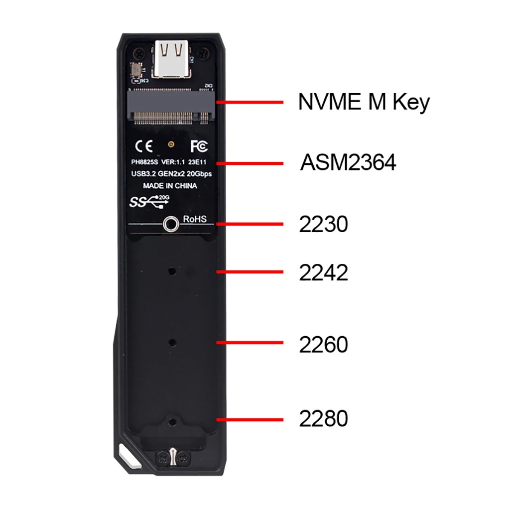 M.2 to Type-C External Solid State Drive Case for NVMe M Key 2230 2242 2260 2280 SSD Enclosure Adapter Plate USB3.2 GEN2 20Gbps