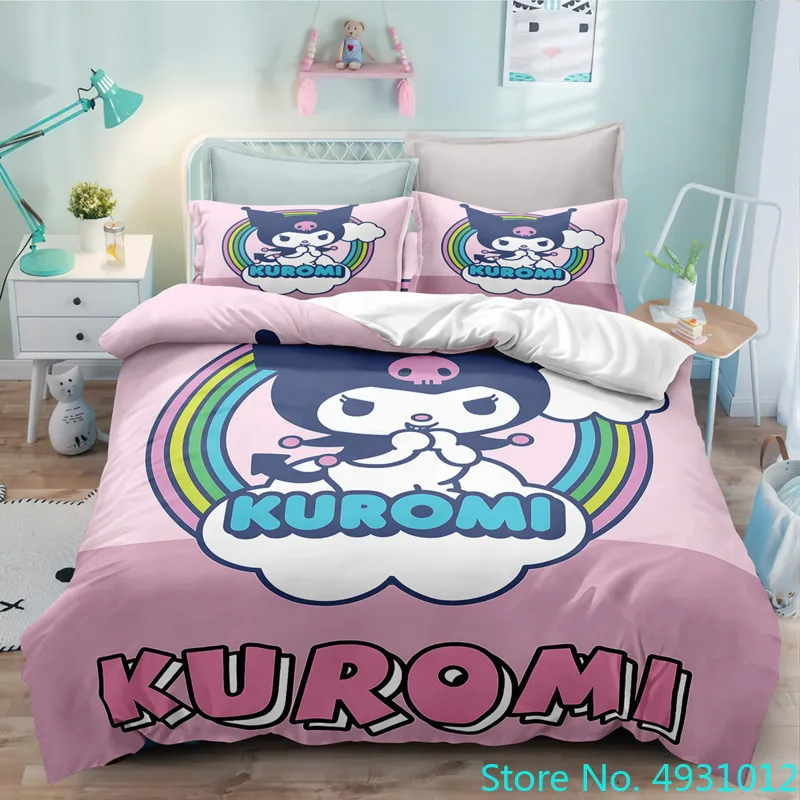 

Sanrio Kuromi Bedding Set Cartoon Anime Kuromi Melody Quilt Duvet Cover Pillowcase Kid Girls Gothic Bed Set Twin Queen King Size