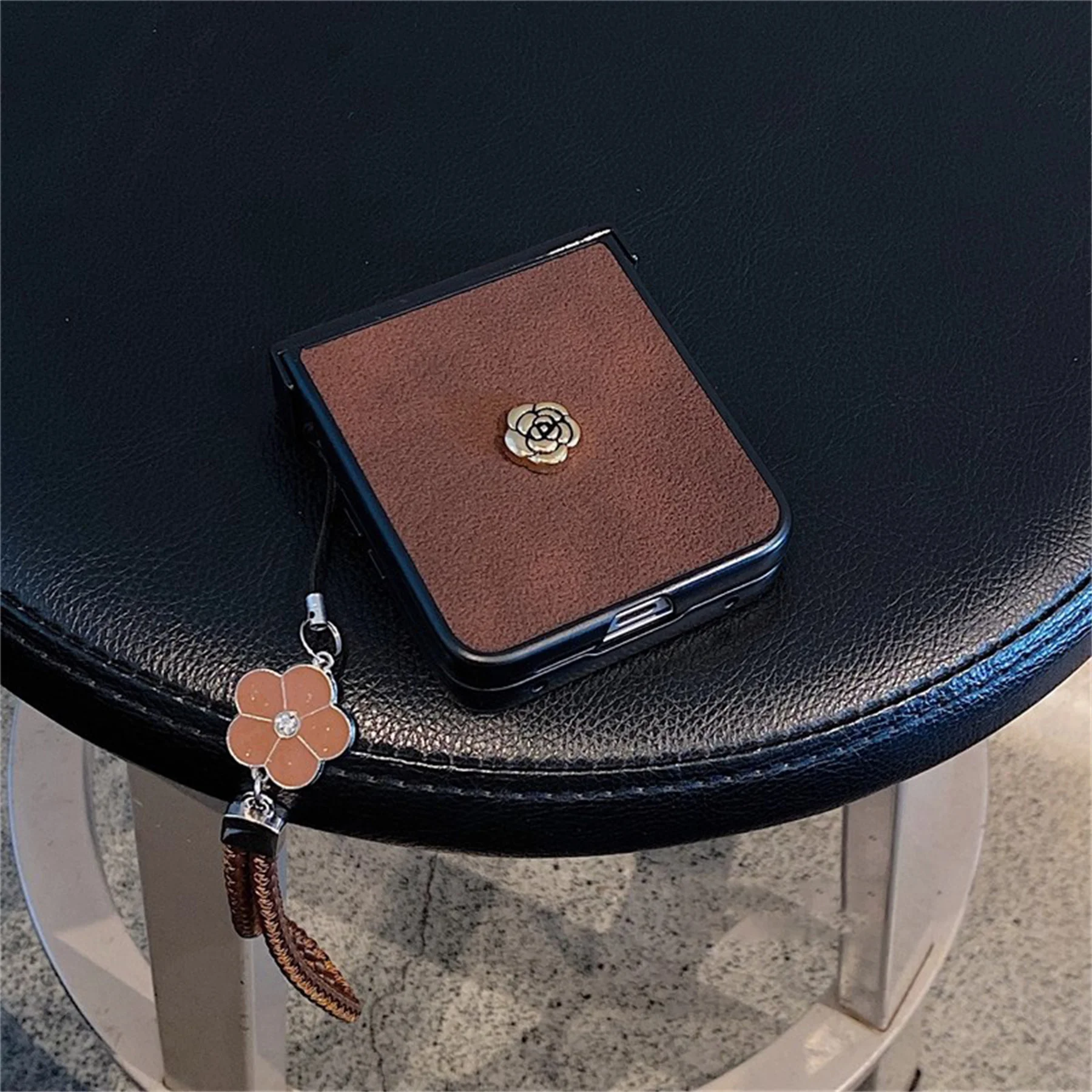 Luxury Brown 3D Camellia Phone Case with Strap – Elegant Back Cover