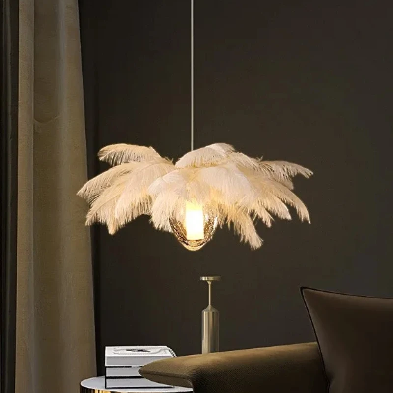 

Nordic White Feather Chandelier Ostrich Glass Lampshade Design Pendant Lighting for Staircase Home Decor Suspend Lustre Fixtures