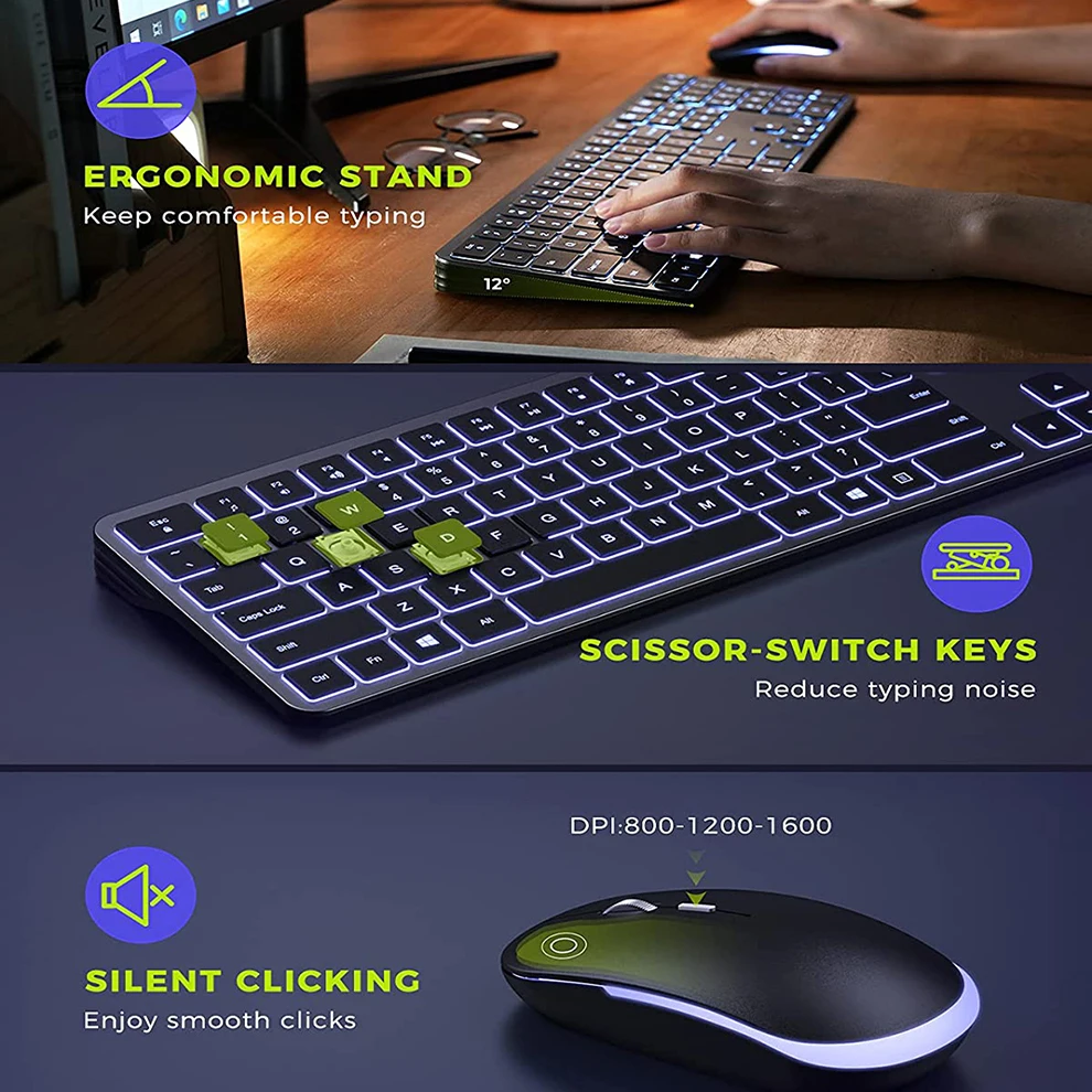 Combinação de Teclado e Mouse sem Fio Teclado e Mouse Retroiluminado Silencioso Conjunto Slim Recarregável em Tamanho Grande Usb 2.4g - Imagem 2