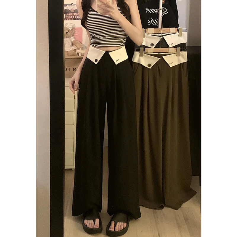 

Женские брюки с завышенной талией, однотонные прямые брюки свободного покроя с широкими штанинами, модель W129 на весну-лето, 2024