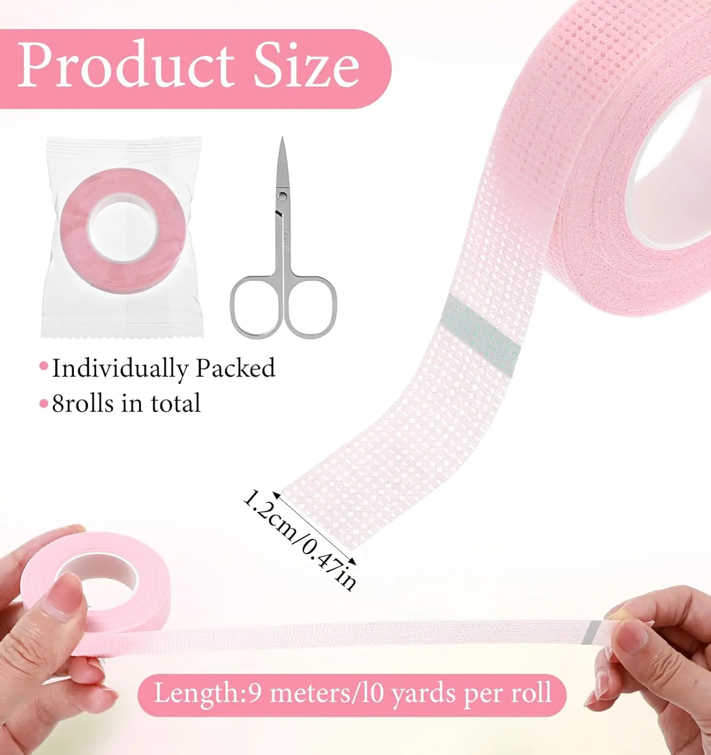 8 Rolls Hypoallergenic Lash Tape-Pink Breathable Strips for Cluster Extensions, 9M Micro-Pore Adhesive (Free Scissors Included)