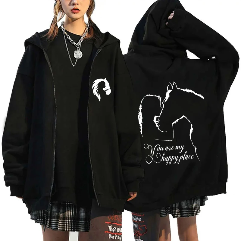 Lustiger Pferde-Print Reißverschluss-Sweatshirt Harajuku Übergroßer Langarm-Hoodie Mäntel für Pferdeliebhaber Reißverschluss-Streetwear-Oberteile – Detail 4